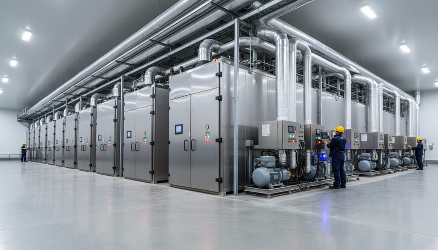 Industrial refrigeration systems in food manufacturing plant showing large cooling units and pipes
