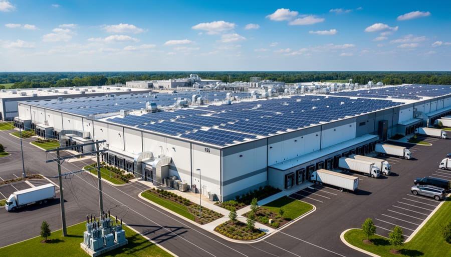 Aerial view of solar panel array installed on food manufacturing facility roof