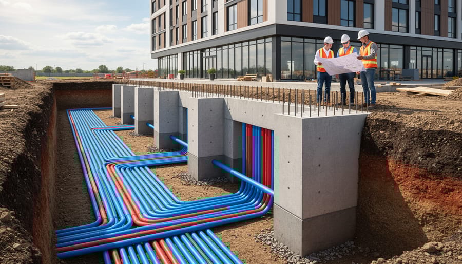 Geothermal ground loop pipes being installed in trench next to traditional building foundation