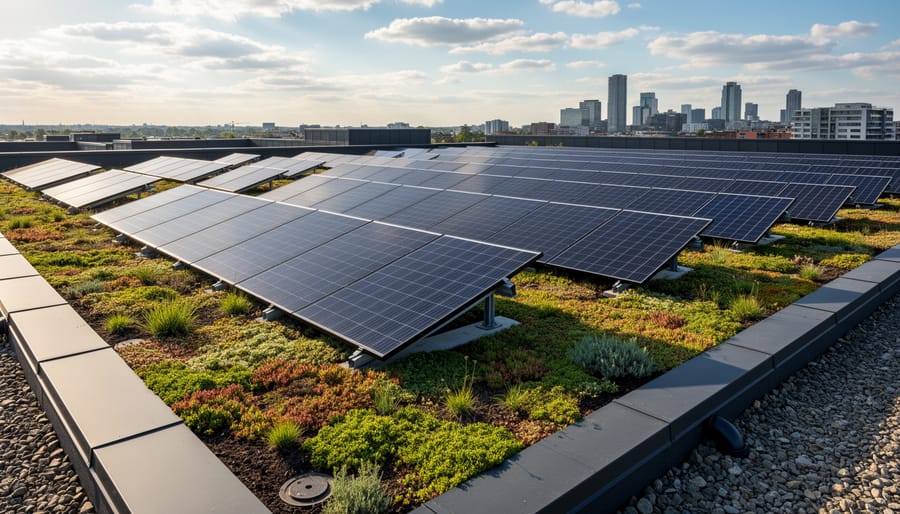 Rooftop installation showing solar panels integrated with green roof vegetation