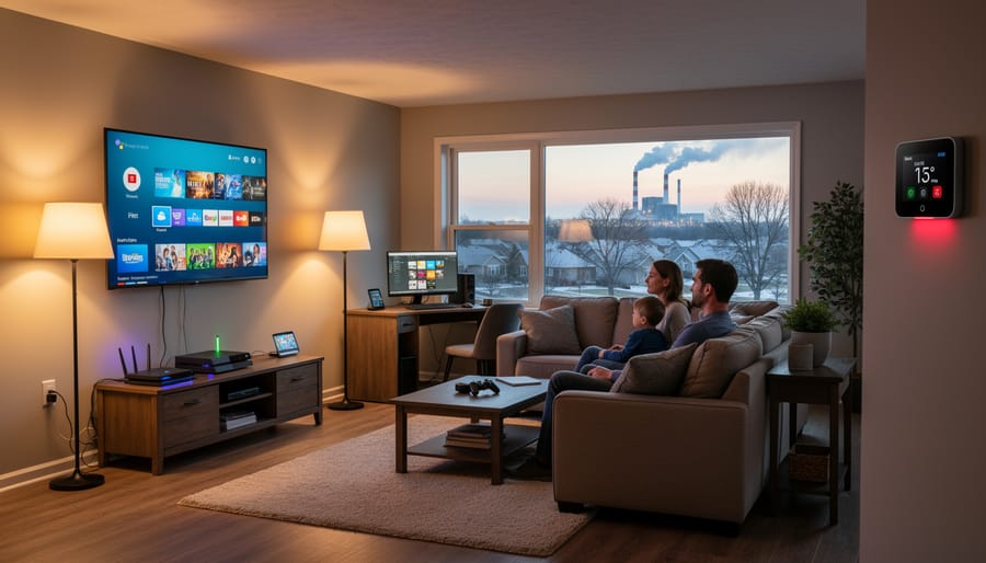 Family home interior with electrical lighting and appliances in use during evening