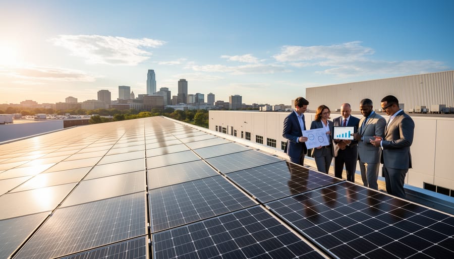 Aerial view of commercial rooftop solar panel installation in Illinois