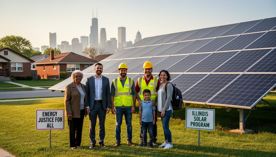 Diverse group of Illinois residents standing together in neighborhood with solar panels on homes