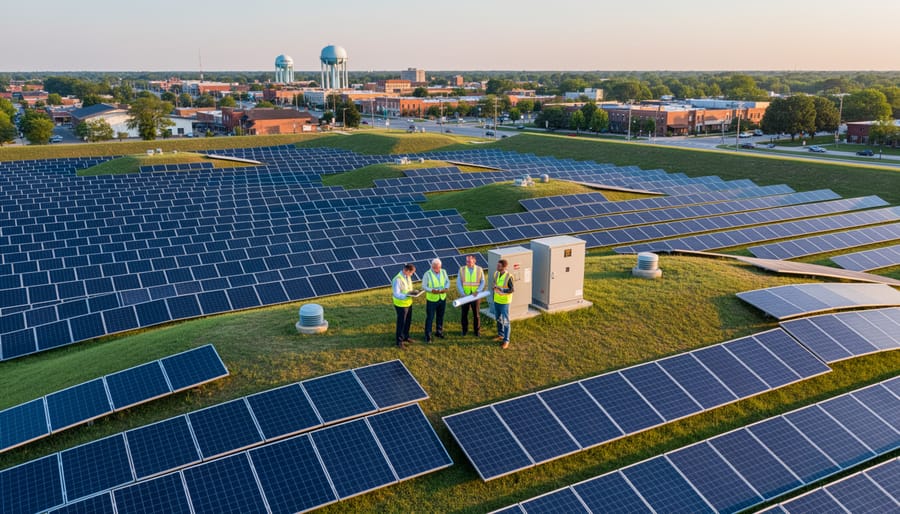 Municipal officials and solar engineers at successful Illinois landfill solar installation