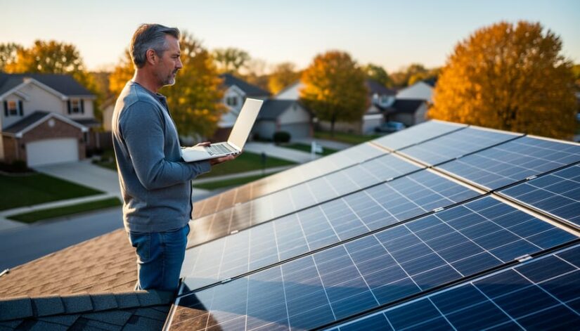 Illinois homeowner on a rooftop next to blue solar panels at sunset, holding a closed laptop and looking across the array, with suburban houses and maple trees softly blurred behind.