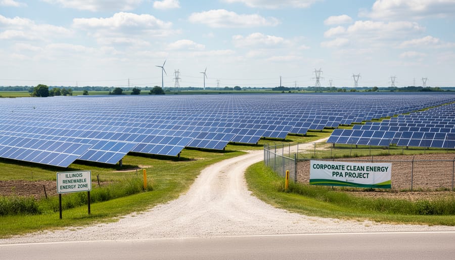 Aerial view of large solar farm installation in Illinois farmland
