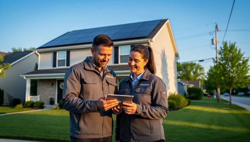 Solar installer and homeowner reviewing a tablet beside a suburban Illinois home with rooftop solar panels, with a utility pole and power lines in the softly blurred background under warm late-afternoon light.