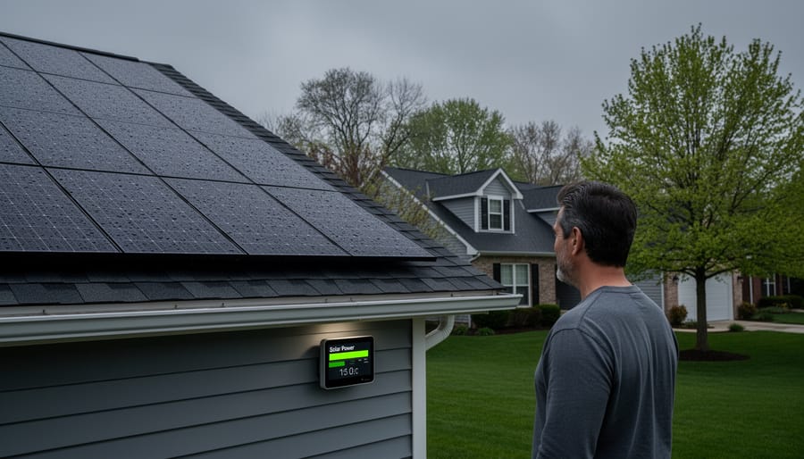 Solar panels on residential roof under cloudy Illinois sky conditions