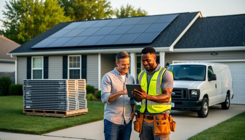 Solar installer and homeowner reviewing a tablet beside a suburban Illinois home with new rooftop solar panels, with a pallet of retired panels and an unmarked service van softly blurred in the background at golden hour.