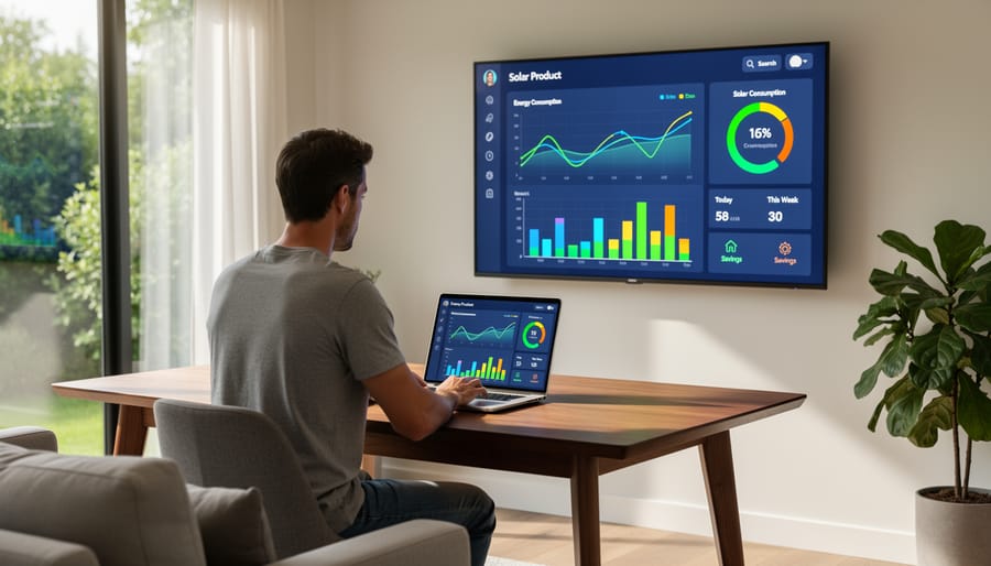 Person using tablet to view energy dashboard with solar panels visible through window