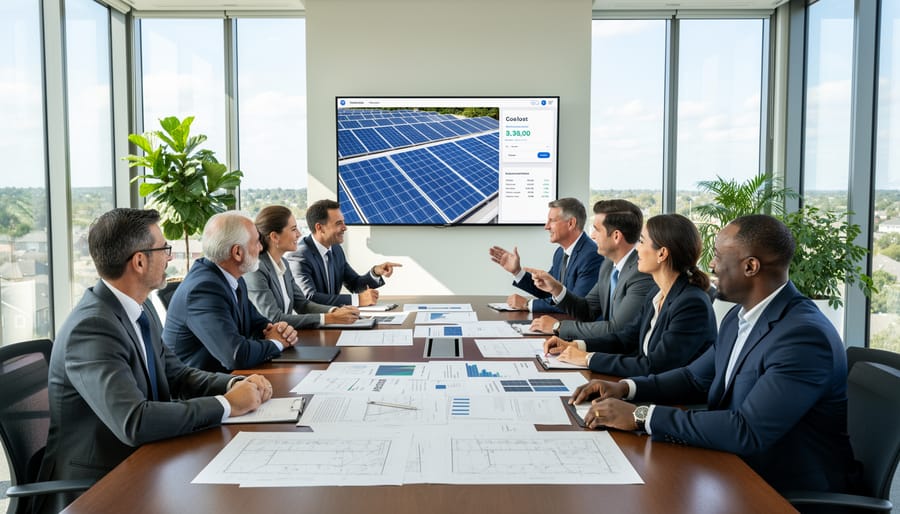 Business team collaborating around conference table reviewing solar project plans