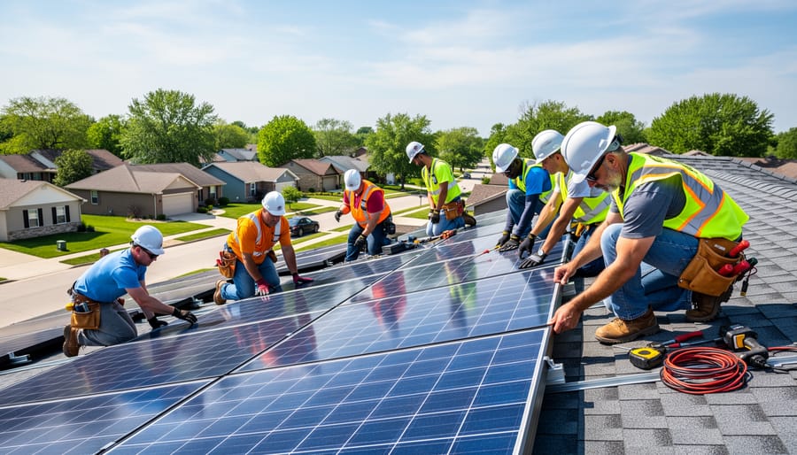Solar panel installers working on residential roof in Illinois neighborhood