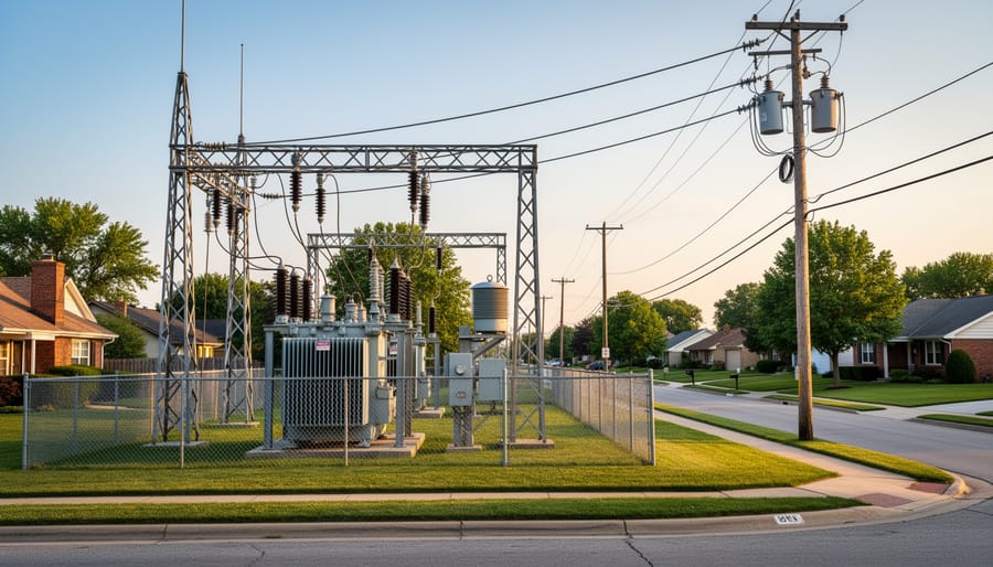 Electrical substation with transformers in residential neighborhood setting