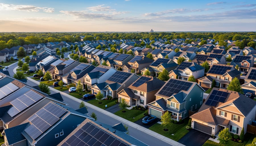 Aerial view of suburban neighborhood with solar panels installed on multiple residential rooftops
