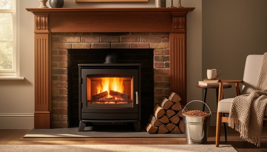 Modern pellet stove installed in traditional brick fireplace with visible flames