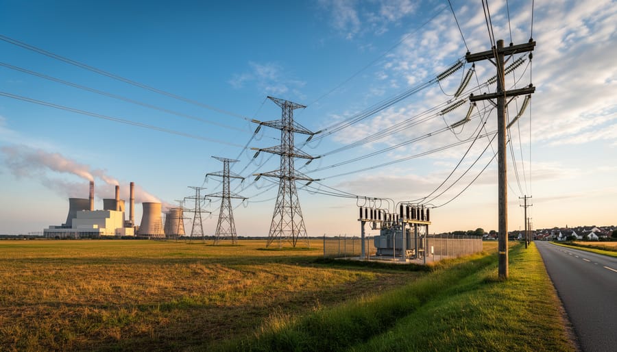 High-voltage transmission towers carrying electricity across rural Illinois landscape