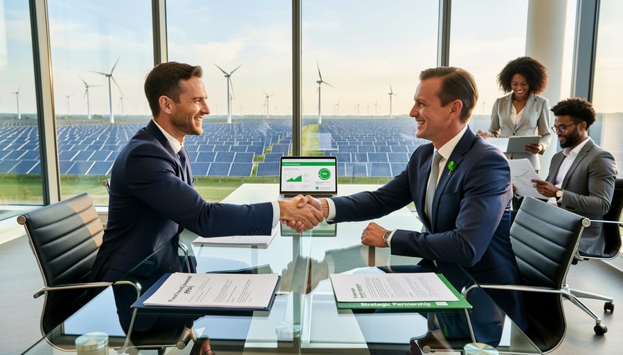 Business professionals shaking hands with solar farm visible through office windows