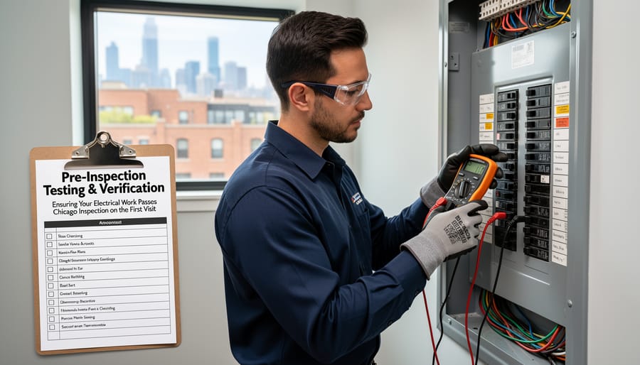 Electrician testing completed electrical panel before scheduled inspection