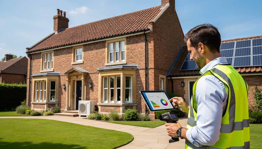 Energy professional assessing solar panel installation on traditional Victorian home
