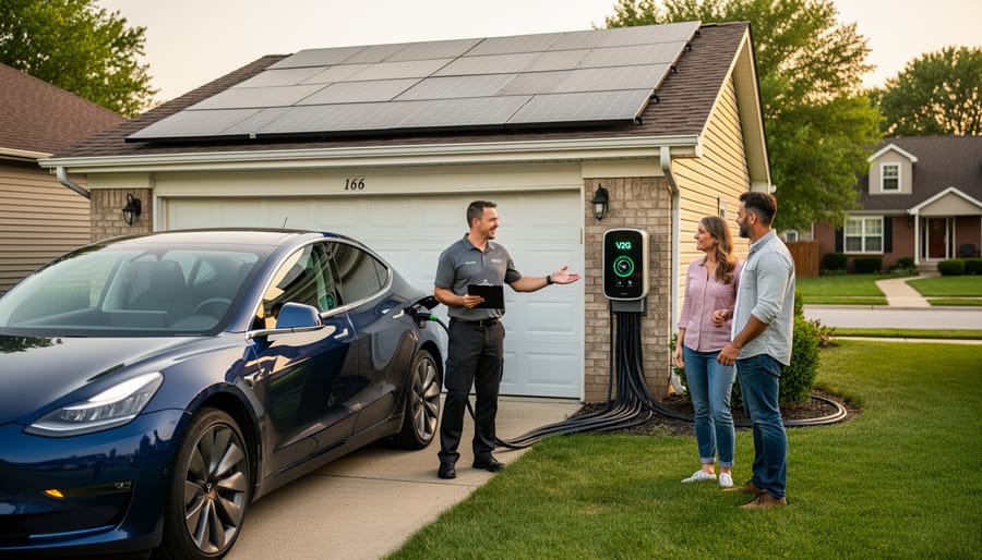 Solar technician installing vehicle-to-grid equipment in residential garage