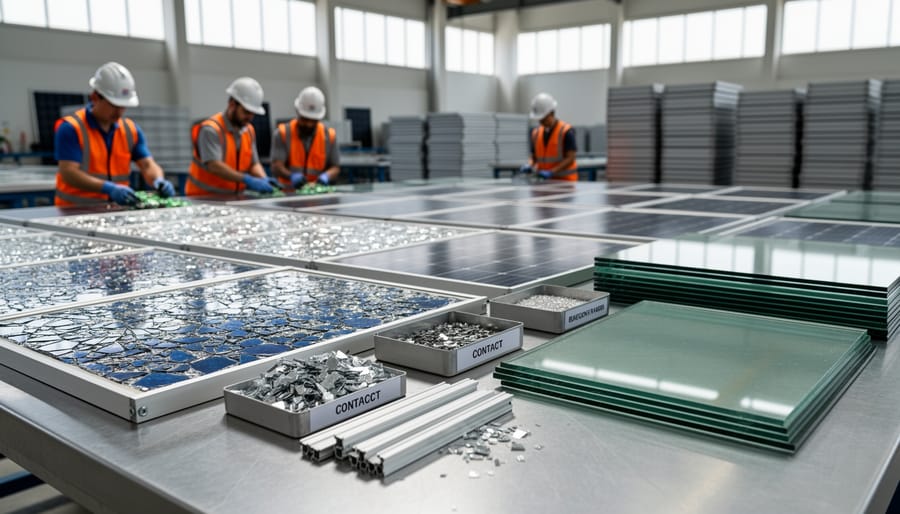 Recovered valuable materials from recycled solar panels including silver, silicon, aluminum and glass