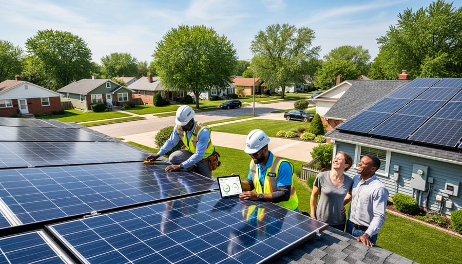 Solar installer working on residential rooftop solar panel installation in Illinois neighborhood