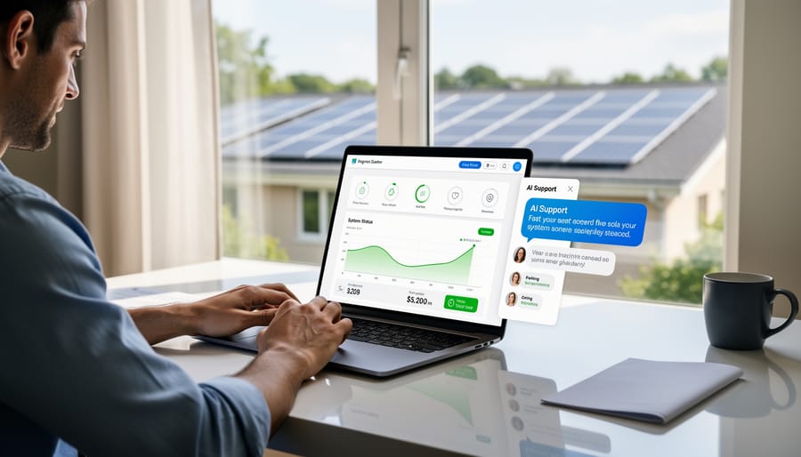 Homeowners reviewing their solar system information on tablet with solar panels visible on roof