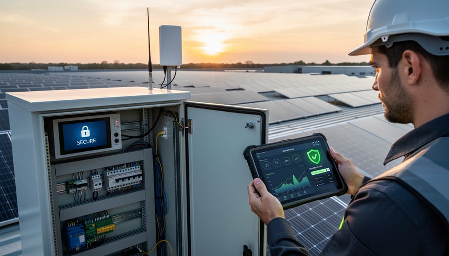 Solar professional examining secure inverter control panel on commercial installation