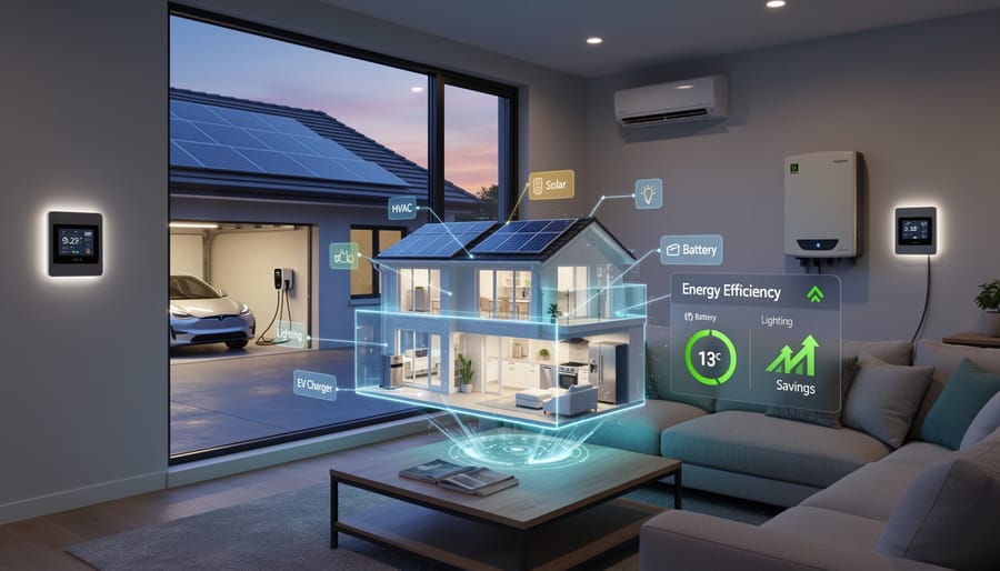 Homeowner adjusting smart thermostat with connected home energy systems