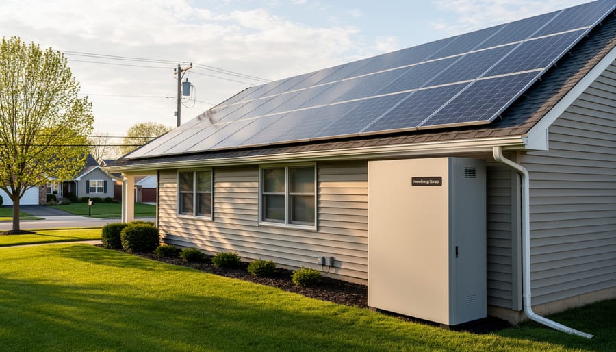 Modern Illinois home with rooftop solar panels and exterior battery storage system