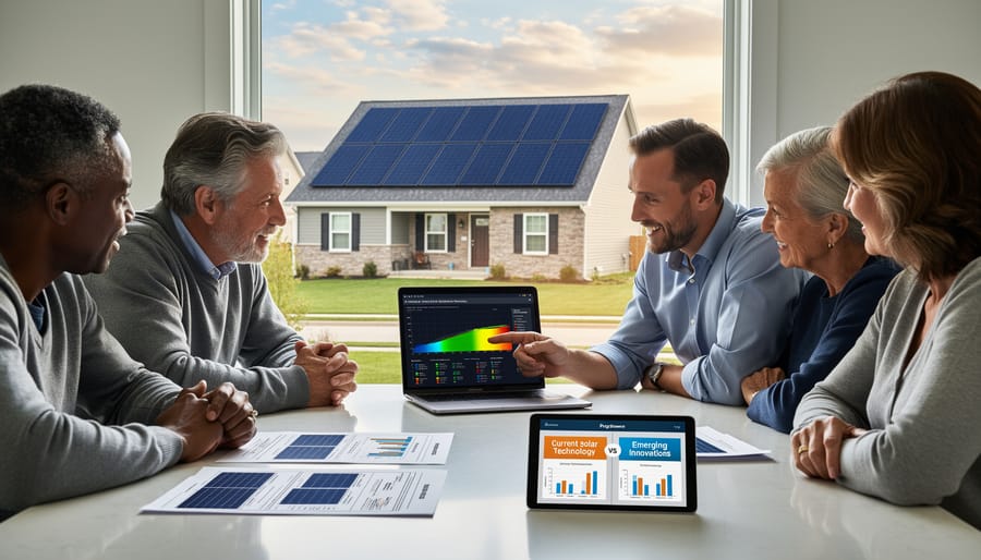 Solar consultant meeting with homeowners to discuss solar panel installation options