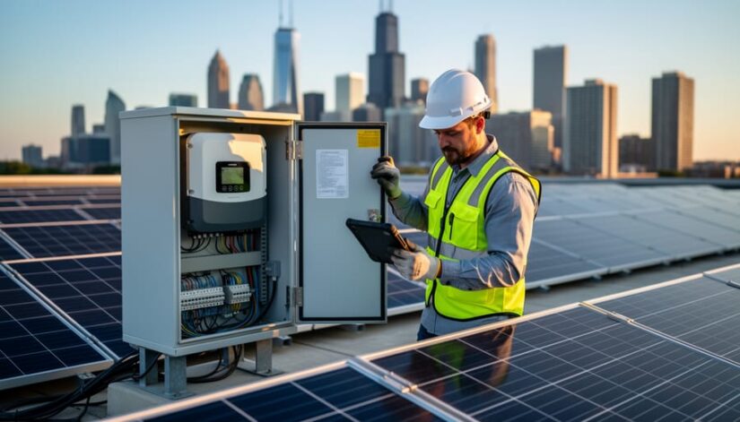 Technician with tablet inspects a smart inverter cabinet and network cables next to rooftop solar panels on a commercial Illinois building, with a Chicago-like skyline softly blurred in warm morning light.