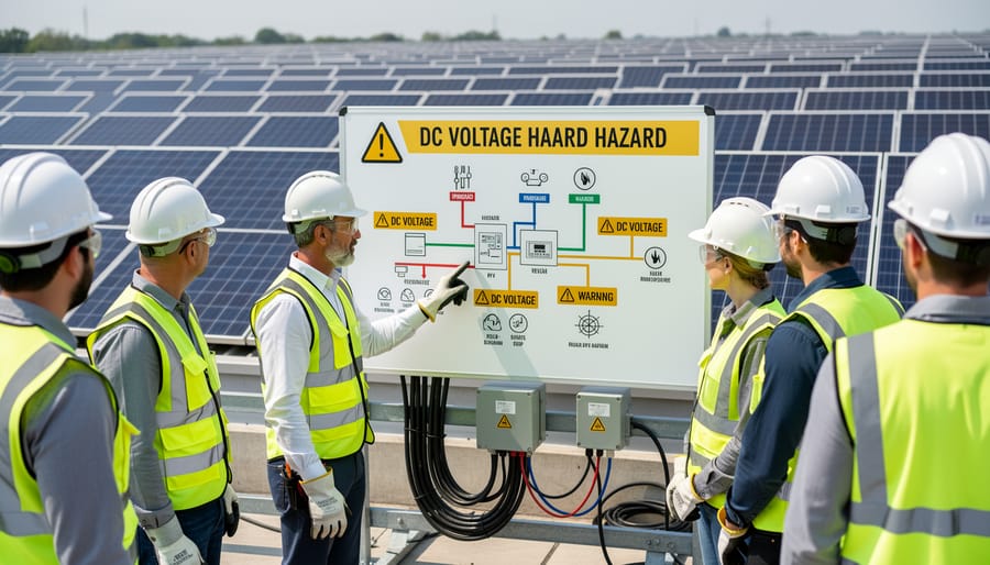 Electrician's hands in insulated gloves working on solar panel electrical connections with safety equipment