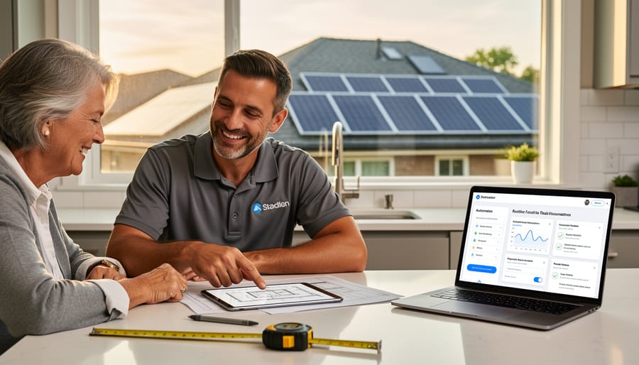Solar installation expert consulting with homeowner at residential solar panel installation site