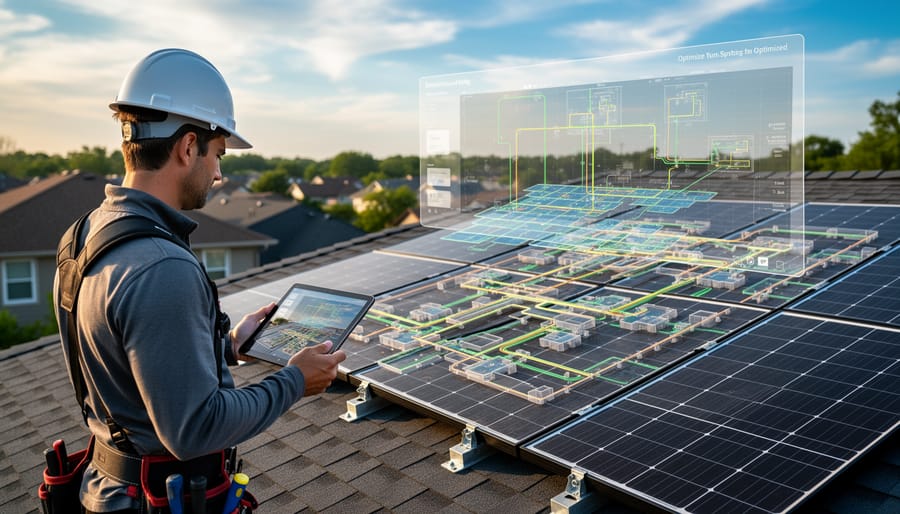 Solar technician reviewing digital planning data on tablet during rooftop installation