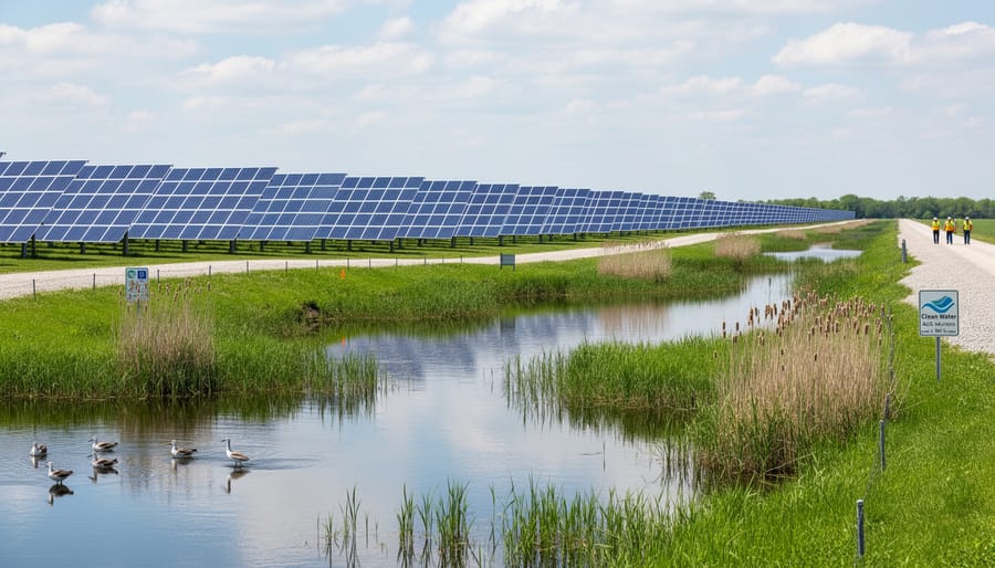 Aerial view of solar panel installation located near natural wetland area
