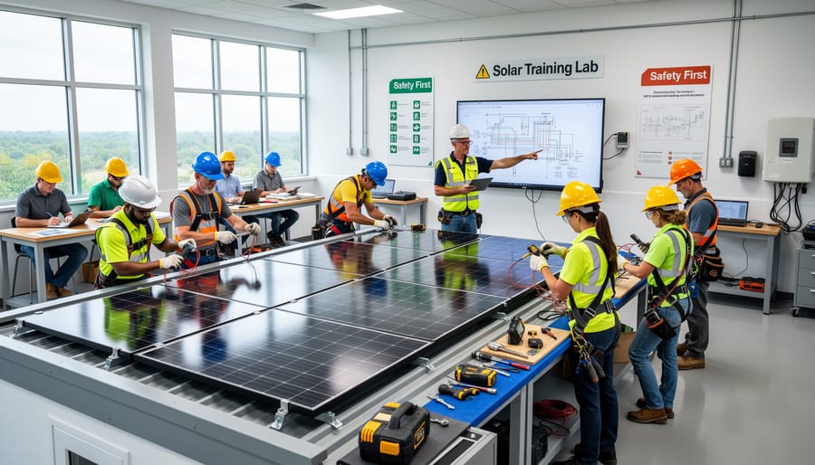 Students learning about solar panel installation in professional training classroom with instructor and equipment