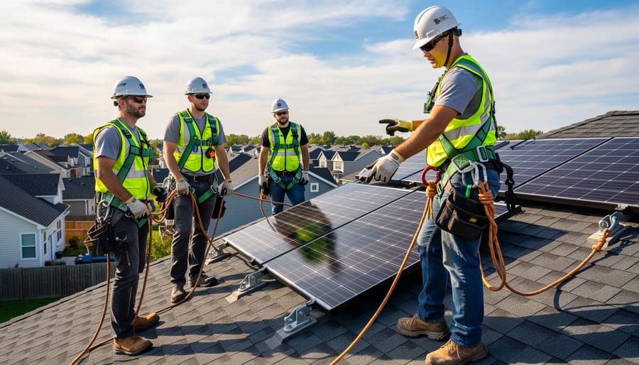 Solar installer wearing safety harness and hard hat working on residential rooftop with proper fall protection equipment