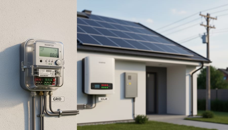 Solar inverter and smart meter equipment mounted on home exterior wall