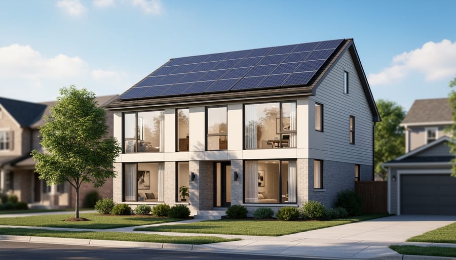 Modern home exterior featuring large windows for natural light and rooftop solar panels