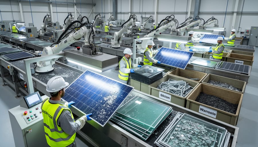 Technician carefully disassembling solar panel at recycling facility