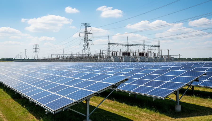 Residential solar panels on rooftop with electrical transmission lines visible in background