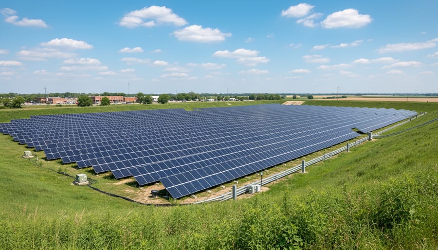 Aerial view of solar panel installation on closed landfill site in Illinois