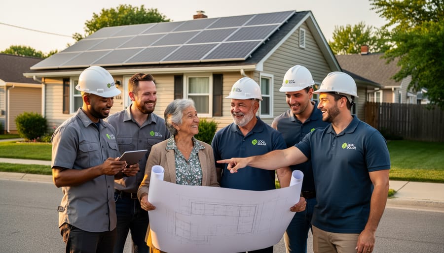 Solar installers and homeowners shaking hands in front of home with solar panels being installed