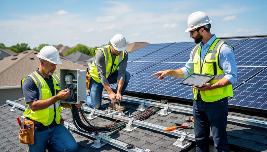 Solar installation professionals working together on residential rooftop installation