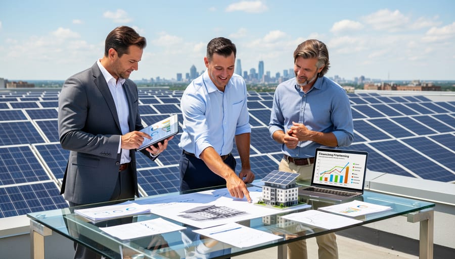 Group of stakeholders discussing solar project plans at installation site