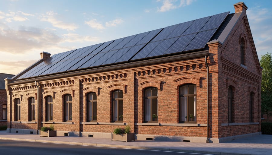Historic brick building with solar panels installed on pitched roof maintaining architectural integrity