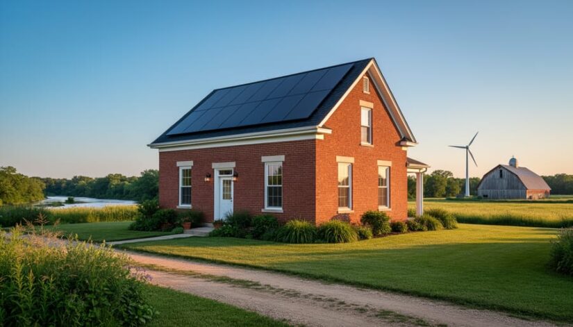 Historic red-brick Illinois farmhouse with low-profile solar panels on a gabled roof at golden hour, with a small wind turbine near a barn and a distant tree-lined creek in the background.