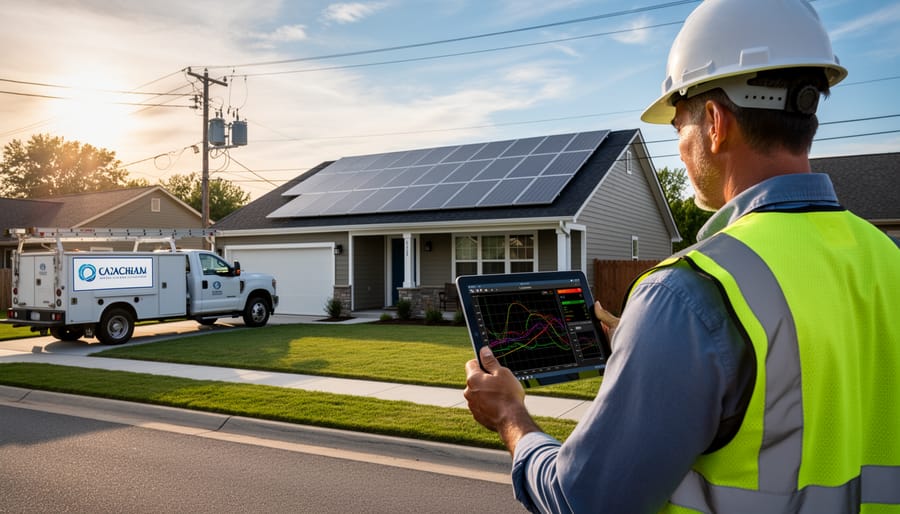 Utility technician inspecting electrical meter and interconnection equipment at solar home