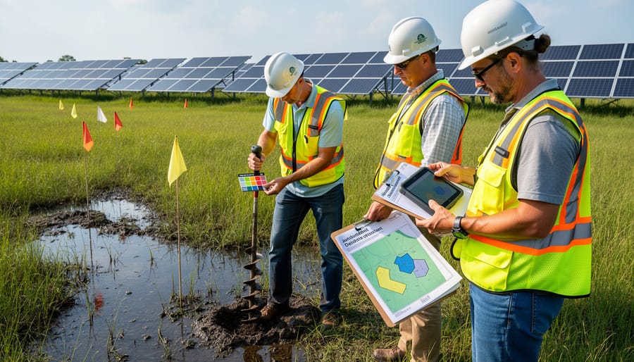 Environmental specialist conducting wetland assessment near solar development site